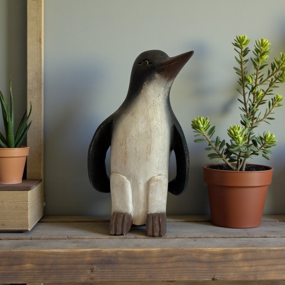 Wooden 10"‎ Penguin Figurine Black White Hand Carved Rustic Home Decor